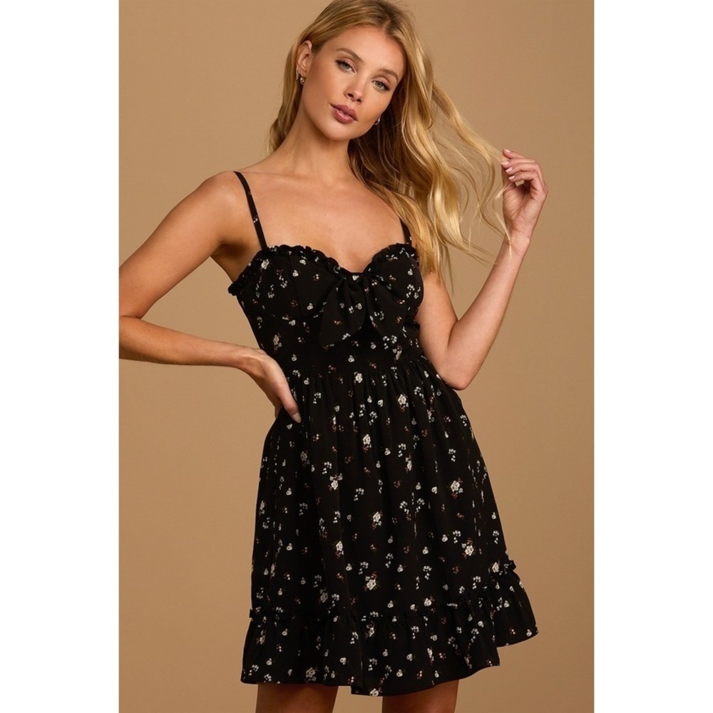 Romantic Muse Black Floral Print Tie-Front Ruffled Mini Dress